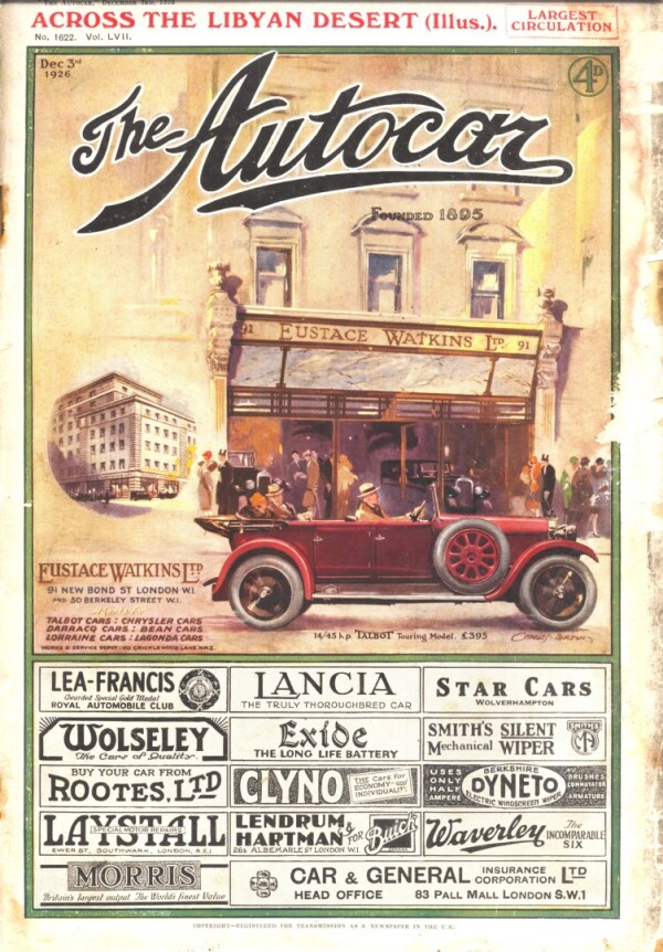 December 1926 The Autocar Cover Featuring a Talbot 14/45 Tourer