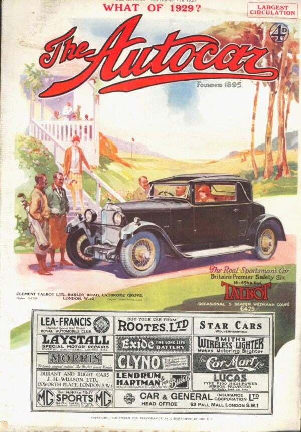 September 1928 The Autocar Cover Featuring a Talbot 14/45 Weyman Coupe