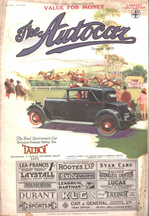 October 1928 The Autocar Cover Featuring a Talbot 14/45 Weyman Coupe