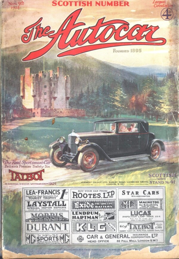 November 1928 The Autocar Cover Featuring a Talbot 14/45 Weyman Coupe