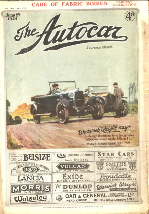 June 1924 The Autocar Cover Featuring a  Talbot 12/30 Six Cylinder