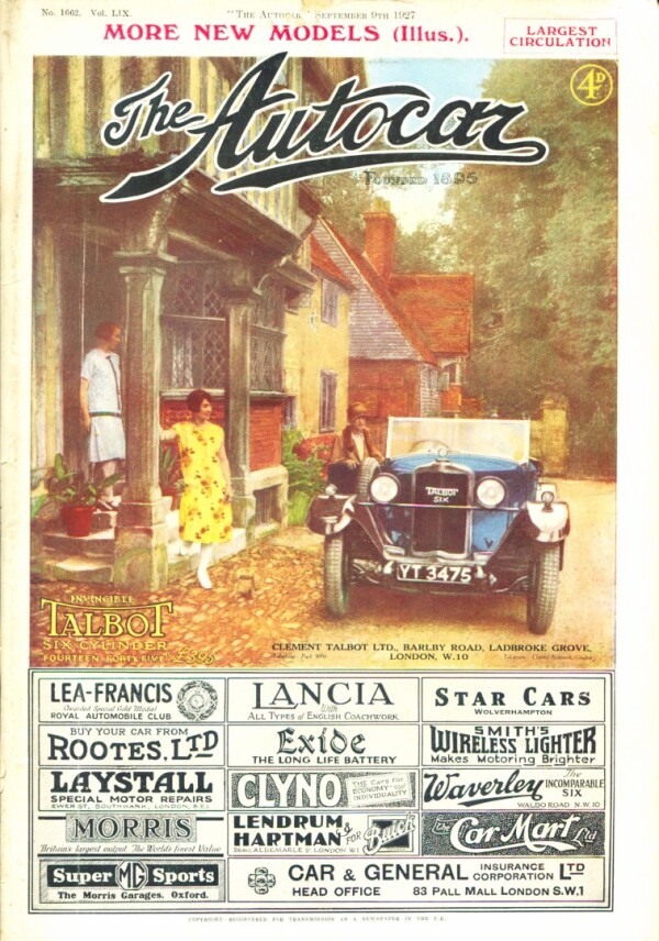 September 1927 The Autocar Cover Featuring  a Talbot 14/45