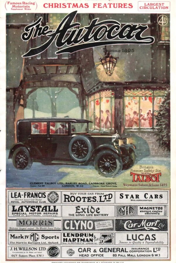 December 1927 The Autocar Cover Featuring a Talbot 14/45 Weyman Saloon de Luxe